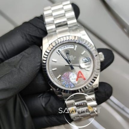 Rolex Saat Day Date Gri Kadran Çelik Tırtıklı Bezel Otomatik Mekanizma