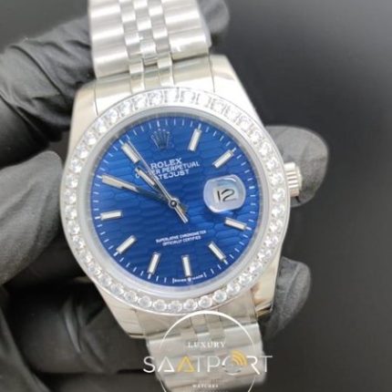 Rolex Saat Datejust Desenli Mavi Kadran Taşlı Bezel Çelik Jubile Kordon