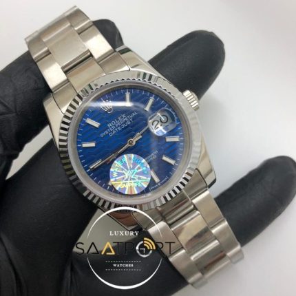 Rolex Saat Otomatik Datejust Tırtıklı Bezel Desenli Mavi Kadran Oyster Çelik Kordon